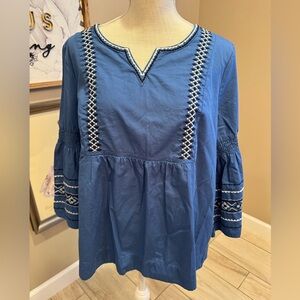 CROWN & IVY Cotton Embroidered Blue Blouse